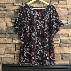 Floral Ruffle Sleeve Top - Black and Pink